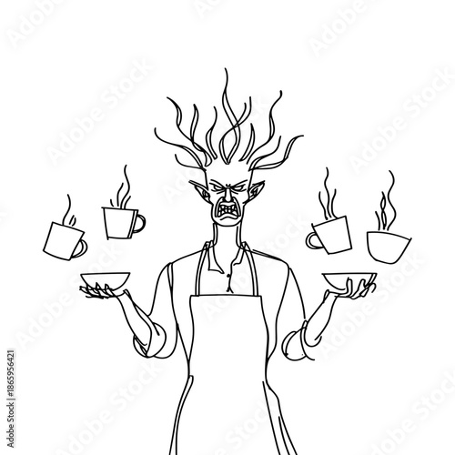 Frantic Barista Juggling Coffee Cups