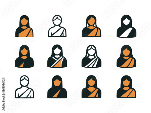 Diverse Religious Attire Icons. Religious attire and traditional clothing. Icon set. Set Logo of Religious attire and traditional clothing: traditional sari.