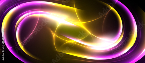Bright abstract design features swirling luminous shapes. Purple, gold, white colors blend creating dynamic energy. Smooth curves dominate composition.