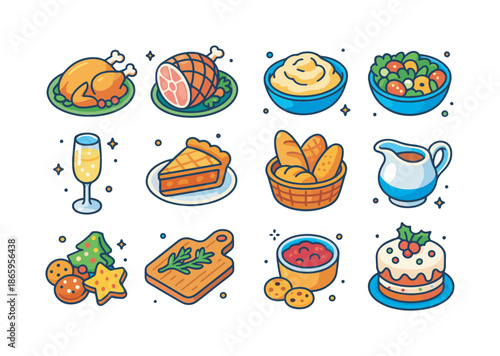 Festive Meal Icons. Celebration Meals. Colorful isometric vector icons set of Celebration Meals: roast turkey, glazed ham, mashed pot dish, festive salad,