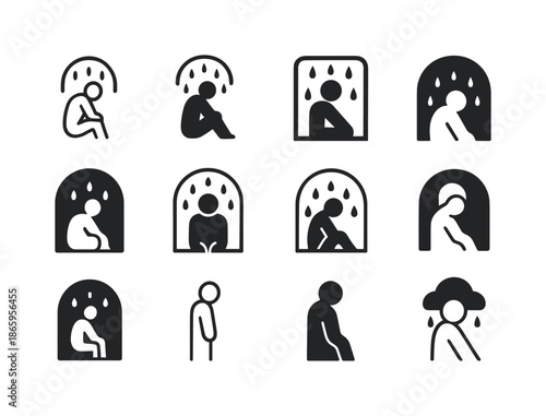 Solitary Figure Icons. The Emotional Impact of Being Alone in Hard Times. Icon set. Set Logo of The Emotional Impact of Being Alone in Hard Times: solitary