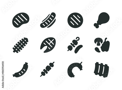 Grilled Foods Icons. Grilled foods. Solid icon set of grilled foods: steak, hot dog, burger patty, chicken leg, corn cob, fish fillet, kebab, mushrooms,
