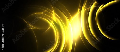 Abstract golden lines radiate from bright center. Dark background emphasizes luminous curves, creating dynamic visual effect.
