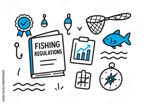 Fishing Rulebook Doodle. Fishing Regulations. Hand-drawn doodle illustration Fishing Regulations rulebook (accented), fish, chart (accented), buoy, net, waves,