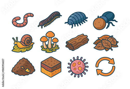 Isometric Detritivore Icons. Detritivores. Colorful isometric vector icons set of Detritivores: earthworm icon, millipede crawling, woodlouse icon, dung beetle