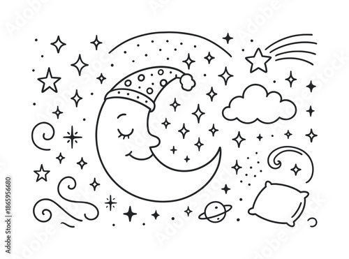 Dreamy Moon Doodle. Dreamy moon. Hand-drawn doodle illustration dreamy moon crescent moon, sleeping cap, cloud, stars, sparkles, night pillow, comet, tiny