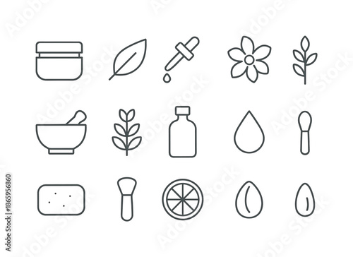 Natural Cosmetics Icons. Natural cosmetics. Line icon set of Natural cosmetics: cream jar, leaf, dropper, flower, mortar and pestle, bottle, plant sprig,