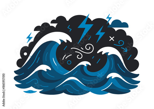 Dynamic Stormy Seas. Stormy seas. Towering waves rise under a dark sky, lightning bolts illuminating their sharp peaks. Wind symbols swirl between churning
