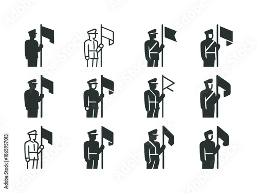 Honor Guard Icons. Honor guard line. Icon set. Set Logo of honor guard line: ceremonial flag bearer. harmonious logo variations of the same emblematic concept,