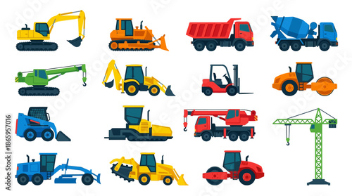 Collection of colorful construction vehicles and equipment icons.