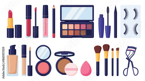 Assorted makeup products and cosmetics arranged neatly.