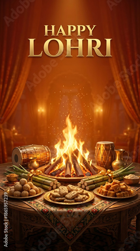 Vertical happy lohri background with realistic 3d bonfire decorated room and plates of sweets for indian winter festival social media story © Koushik