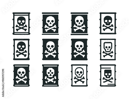 Toxic Icon Variations. Dangerous. Icon set. Set Logo of Dangerous: toxic container. harmonious logo variations of the same emblematic concept, each with