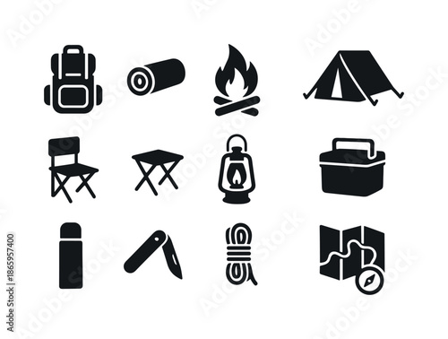 Camping Gear Icons. Camping gear around campfire. Solid icon set of Camping gear around campfire: backpack, rolled sleeping mat, tent, camping chair, folding