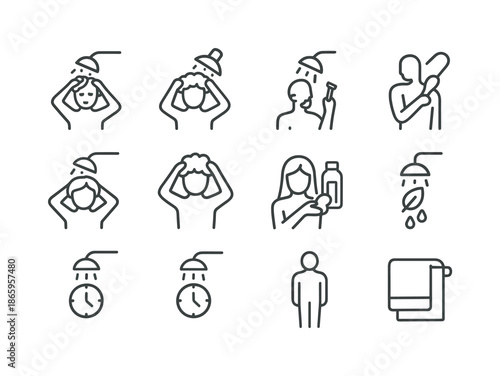 Shower Habits Icons. Shower habits. Line icon set of shower habits: washing hair, washing body, shaving, brushing body, rinsing icon, applying shampoo,