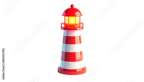 A classic red and white striped lighthouse emitting a bright yellow light