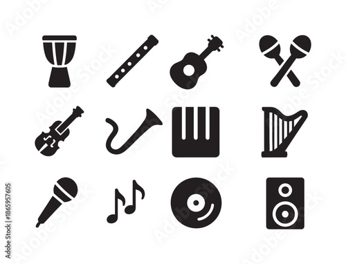 World Music Icons. World music. Solid icon set of World music: drum, flute, guitar, maracas, violin, traditional horn, piano keys, harp, microphone, music