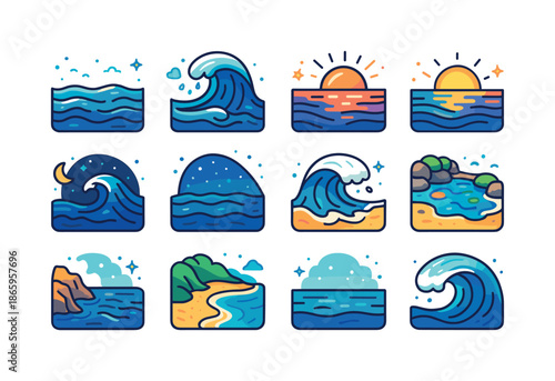 Colorful Ocean Icons. Ocean Scenes. Colorful isometric vector icons set of Ocean Scenes: calm sea, stormy wave, sunset ocean, sunrise tide, moonlit surf, deep