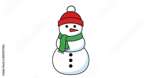 Adorable Cartoon Snowman Wearing a Red Hat and Green Scarf.