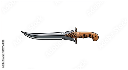 Ornate Dagger with Curved Blade and Wooden Handle.