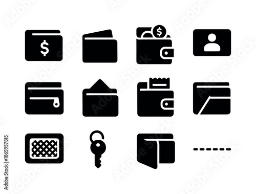Wallet Icon Set. Wallet compartments. Solid icon set of Wallet compartments: cash section, card slot, coin pocket, ID window, zipper pouch, hidden pocket,