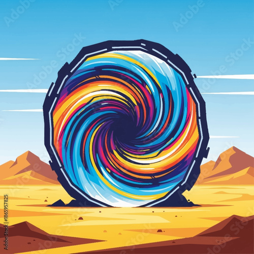 A colorful portal stands in a desolate desert landscape under a blue sky