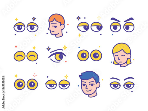 Eye Contact Icons. Eye contact. Colorful isometric vector icons set of eye contact: looking directly, avoiding gaze, glancing sideways, focused eyes, smiling