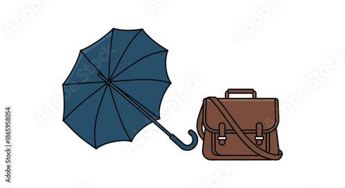 Open blue umbrella and brown leather briefcase with strap.
