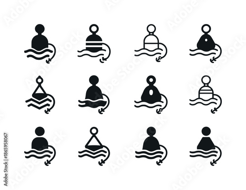 Buoy Logo Variations. Buoy floating. Icon set. Set Logo of buoy floating: buoy with anchor line. harmonious logo variations of the same emblematic concept,