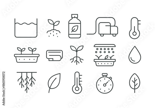 Hydroponics Icon Set. Hydroponics. Line icon set of Hydroponics: water tank, nutrient solution, pump, tubing, grow tray, seedling, light panel, roots, droplet,