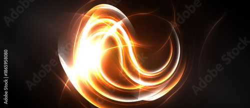 Bright orange swirls radiate from center. Abstract design evokes energy, motion, light against dark background. Smooth curves create dynamic visual effect.