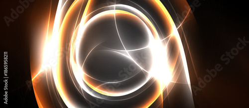 Abstract energy swirls, bright orange, white light. Dynamic composition, dark background creates contrast, modern design element.