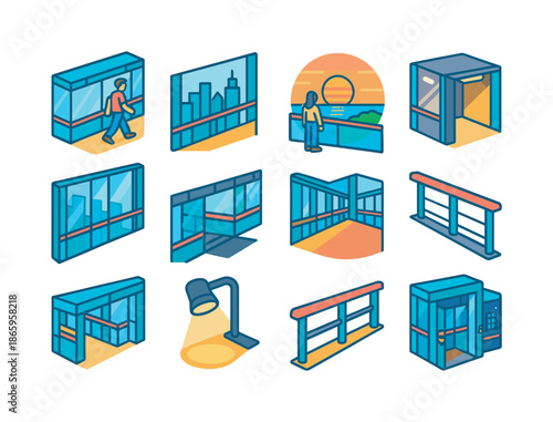 Skywalk Icon Collection. Skywalk scenes. Colorful isometric vector icons set of skywalk scenes: person walking in skybridge, city skyline view, sunset in