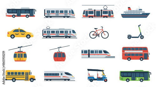 Collection of Various Transportation Modes and Vehicles.