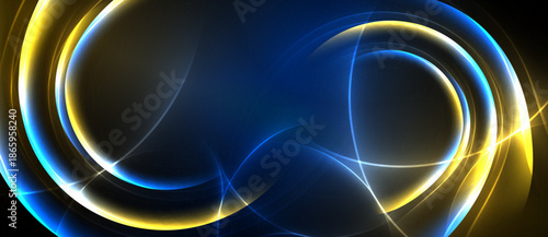 Abstract design features luminous curves, blue, gold hues. Dark background emphasizes swirling light patterns, creating dynamic visual effect.