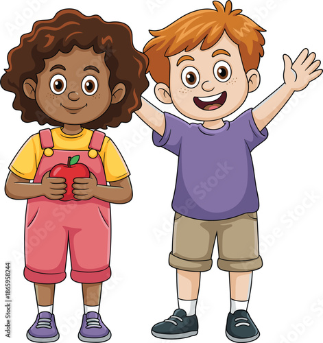 Diverse young girl holding an apple and happy boy waving in colorful cartoon vector illustration