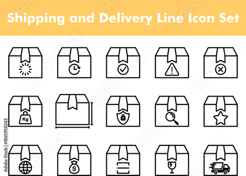 Shipping and Delivery Line Icon Set, Logistics Package Symbols Collection including Fragile, COD, Tracking, Fast Delivery, and Secure Box Vector