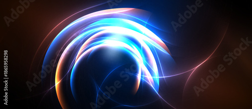 Bright abstract swirls, luminous curves, vibrant energy. Dark background emphasizes glowing forms, creating dynamic visual impact.