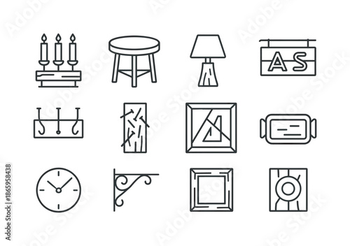 Wood-Metal Icon Set. Crafted Wood-Metal Decor. Line icon set of Crafted Wood-Metal Decor: candle holder mix, tabletop with metal rim, lamp with wood base, sign