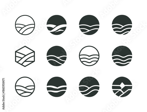 Harmonious Land Logos. Land. Icon set. Set Logo of land: Earth ground symbol. harmonious logo variations of the same emblematic concept, each with different