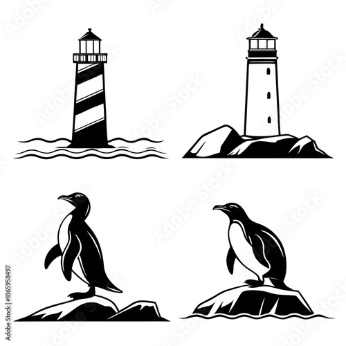 Illustrations of lighthouses and penguins