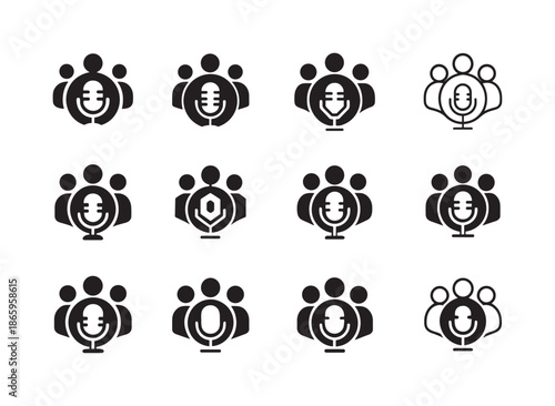 Podcast Emblem Variations. The rise of podcasts and their cultural impact. Icon set. Set Logo of The rise of podcasts and their cultural impact: community mic