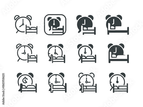 Alarm Clock Icons. Alarm Clock Set for the Morning Next to the Bed. Icon set. Set Logo of Alarm Clock Next to Bed: alarm clock with cozy bed outline.