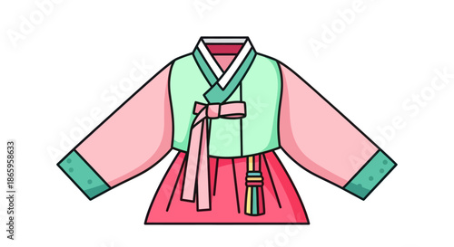 Vibrant Traditional Korean Hanbok Dress Illustration with Pink and Green Colors and Tassel Detail.