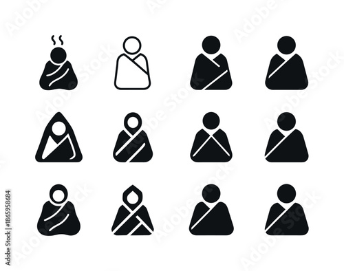 Cold and Flu Icons. Cold and flu symptoms. Icon set. Set Logo of Cold and flu symptoms: blanket wrap silhouette. harmonious logo variations of the same