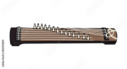 Traditional Japanese Koto Harp with Multiple Strings and Bridges.