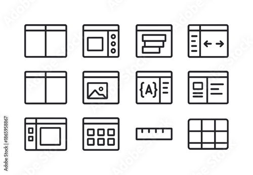 Multitasking Icon Set. Multitasking on screen. Line icon set of Multitasking on screen: design canvas split, color palette dock, layer stack panel, transform