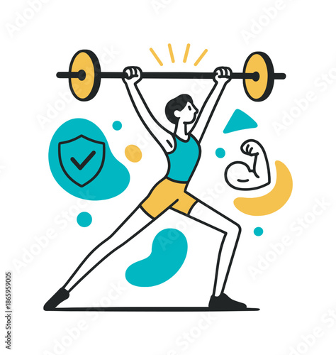 Dynamic Strength Illustration. Lean Strength Pose. A slim figure lifts a minimal bar with perfect form, long limbs creating dynamic diagonals. Floating