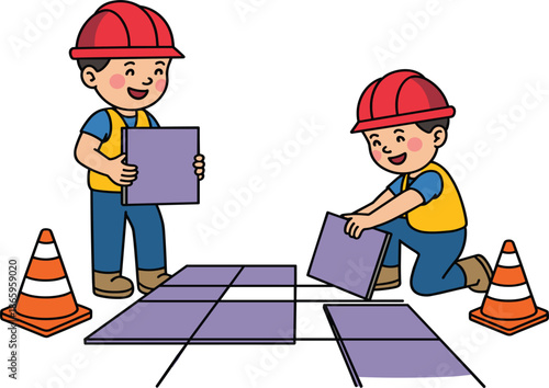 Happy construction workers laying floor tiles at building site cartoon vector illustration