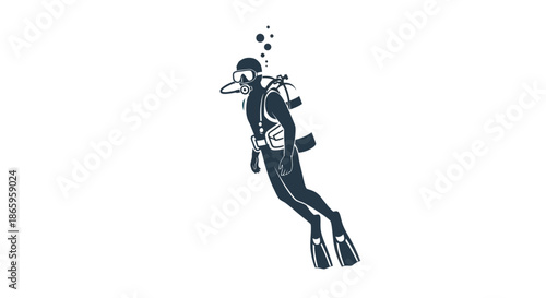 Scuba Diver Illustration: Underwater Adventure with Gear and Bubbles.
